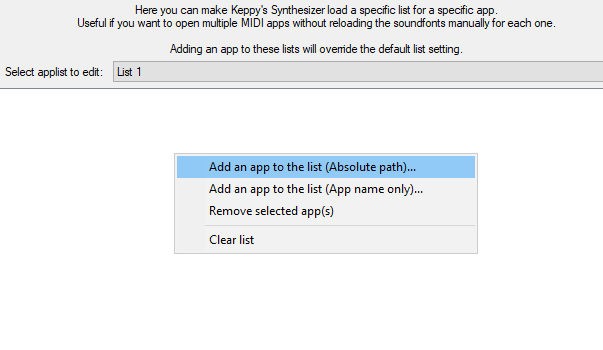 keppy synth config per app soundfont list assignment window