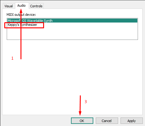 Audio tab of Preferences window showing recognized synthesizers of piano from above