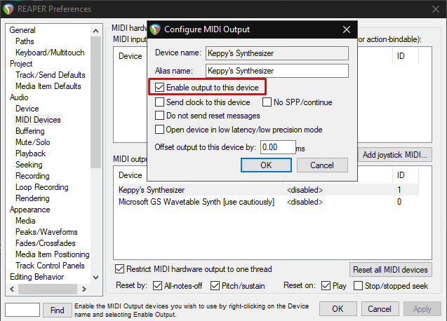 reaper MIDI output device configuration